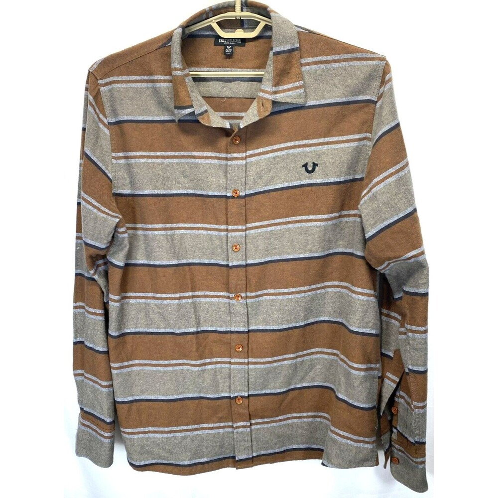 True Religion Men's Extra Large Earth Tones Striped Button Up Long Sleeve Shirt